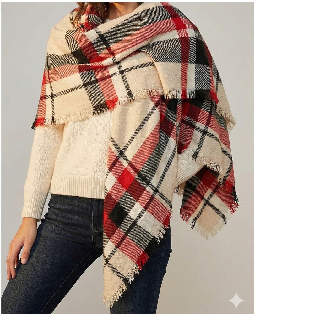 Blanket Scarf Large Square 56" x 56" Plaid Red Cream Black Fringe